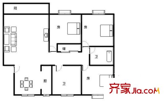 浦发绿城户型图户型图 3室2厅2卫1厨