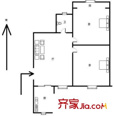 浦发绿城户型图户型图 2室1厅1卫1厨