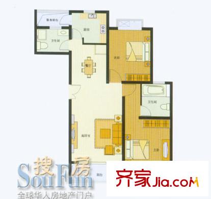 贝越水岸名邸户型图D户型 2室2厅2卫1厨