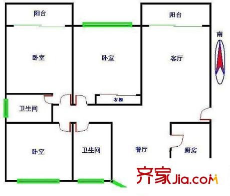 龙柏公寓户型图 户型图 3室2厅2卫1厨
