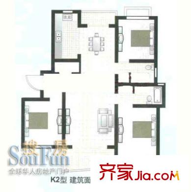 枫桦景苑户型图K2户型 3室2厅2卫1厨