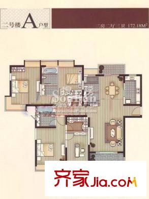 中星恬園戶型圖二號(hào)樓A型 戶型圖 3室2廳2衛(wèi)1廚