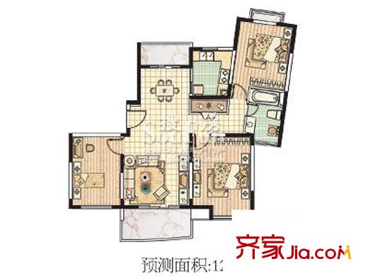新时代富嘉花园户型图17#C型 户型图 3室2厅1卫