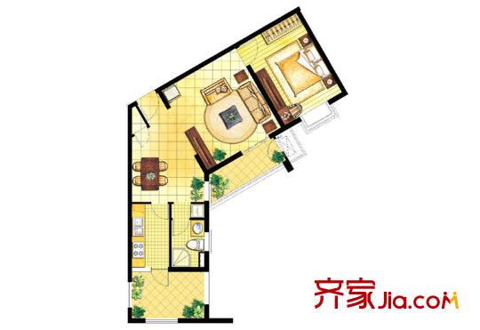 逸翠公館戶型圖B戶型 1室2廳1衛(wèi)1廚