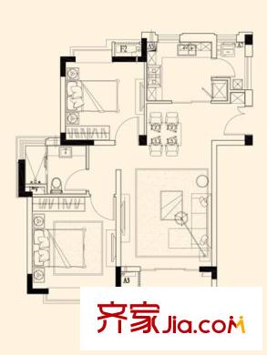 招商雍华府户型图B2户型图 2室1厅1卫1厨