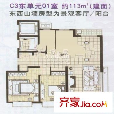 祥和星宇花园户型图C3东单元01室户型图 2室2厅1卫1厨