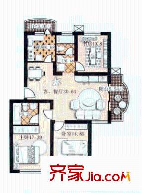 蝶戀苑戶型圖3室1廳1衛(wèi)1廚