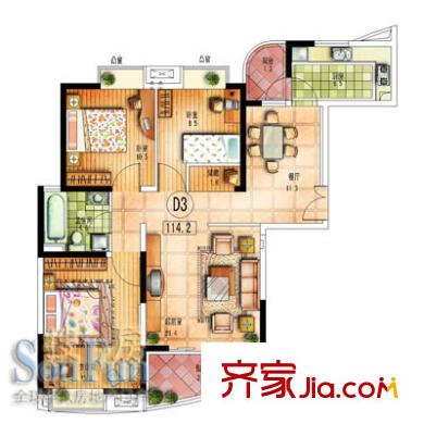 旭輝雅苑戶型圖d3型 戶型圖 3室2廳1衛(wèi)1廚