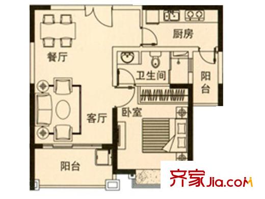 维罗纳贵都89#02室户型图 1室2厅1卫1厨