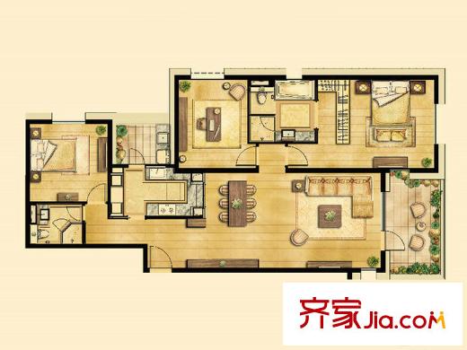 朗诗虹桥绿郡F户型图 3室2厅2卫1厨