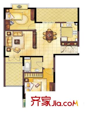 金領(lǐng)國(guó)際A3型戶(hù)型圖 2室2廳1衛(wèi)1廚