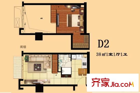 樂非天地D2戶型 1室1廳1衛(wèi)1廚