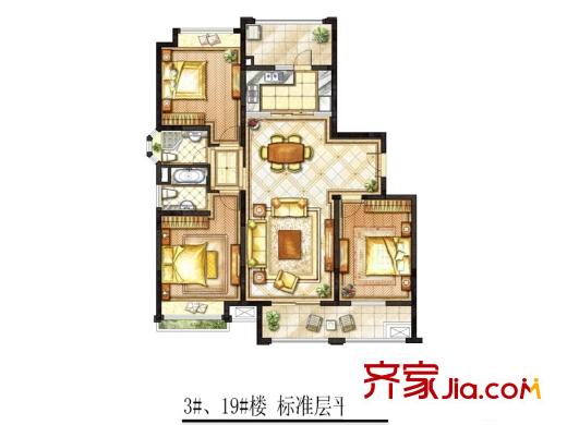 凤凰城3#、19#楼G户型 3室2厅2卫1厨