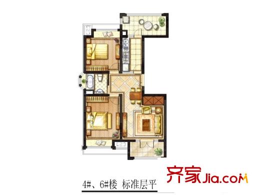 凤凰城4#、6#楼E户型 2室2厅1卫1厨