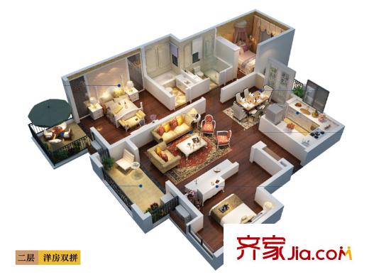 旭輝亞瑟郡洋房雙拼2樓戶型圖 3室2廳2衛(wèi)1廚