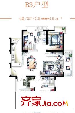 中邦大都會(huì)B3戶(hù)型151平4房2廳2衛(wèi) 4室2廳2衛(wèi)1廚