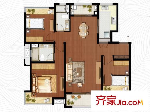 象屿品城C1户型图 3室2厅2卫1厨
