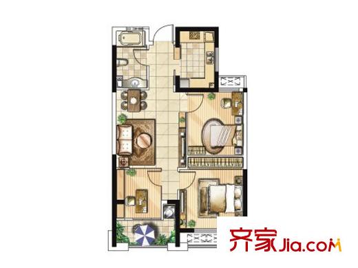 常发豪郡74平米三房户型图 3室1厅1卫1厨