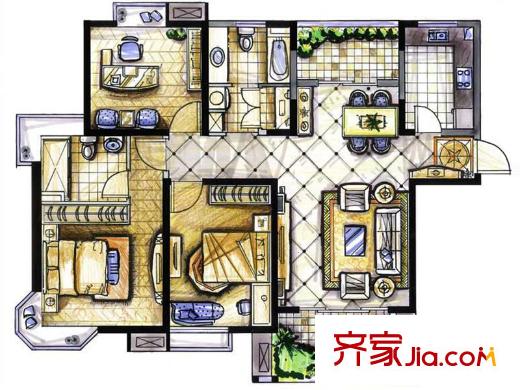 錦繡華都F戶型 3室2廳2衛(wèi)1廚