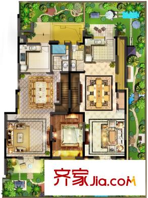 保集瀾灣洋房一層戶型圖 3室2廳2衛(wèi)1廚