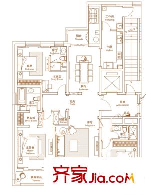 綠洲康城金邸D戶型 3室2廳3衛(wèi)1廚