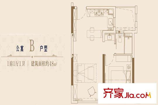 当代万国府MOMAB户型 1室1厅1卫1厨