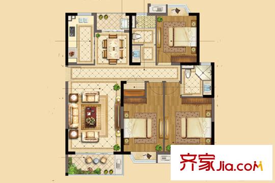 恒大帝景H户型124平三房 3室2厅2卫1厨