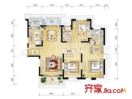 仁恒森蘭雅苑三期二期L-1戶型 3室2廳2衛(wèi)1廚
