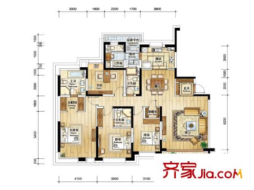 仁恒森蘭雅苑三期二期B戶型 4室2廳3衛(wèi)1廚
