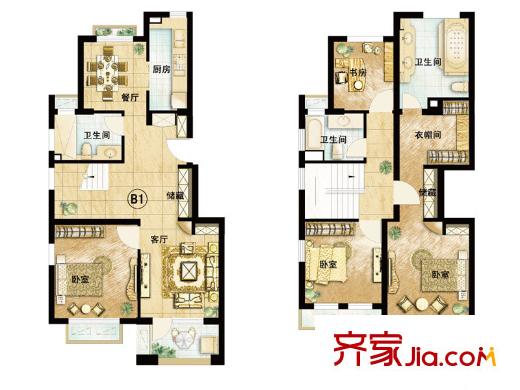 保利茉莉公馆户型图多层B1户型 4室2厅3卫1厨