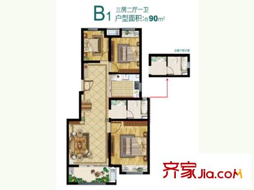 中国铁建青秀城b1户型 3室2厅1卫1厨