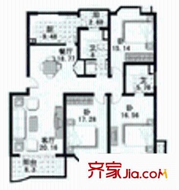 龙柏西郊公寓户型图3室2厅1卫1厨