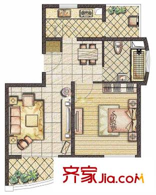 恒盛鼎城华公馆户型图69.59平方米-1户型图 1室2厅1卫1厨