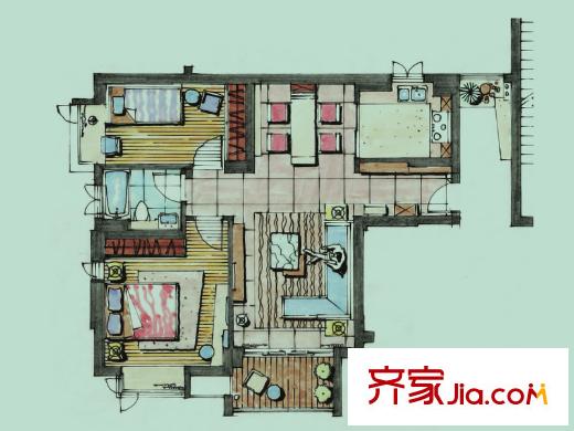 明园森林都市三期涵翠苑户型图85-87平B和E户型 2室2厅1卫1厨