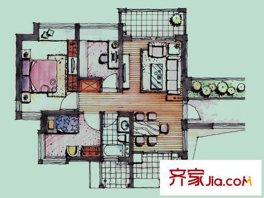 明园森林都市三期涵翠苑户型图88-89平米小三房 2室2厅1卫1厨