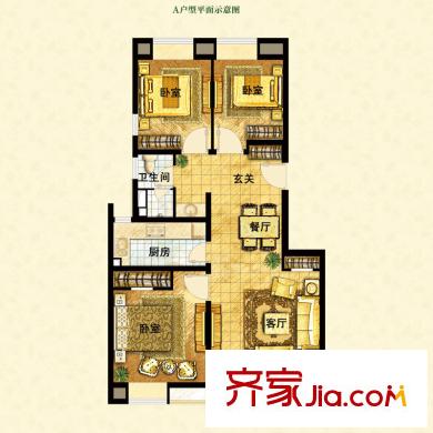 保利叶之林A1户型图 3室2厅1卫1厨