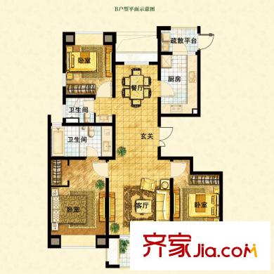 保利叶之林B1户型图 3室2厅2卫1厨