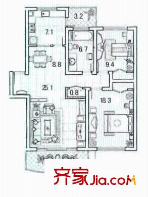 复星新苑户型图2室2厅1卫1厨