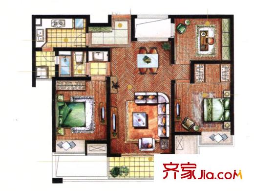 路劲翡丽湾户型图典雅 3室2厅1卫