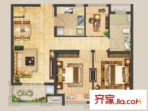 大名城名郡A3户型88平 3室2厅1卫1厨