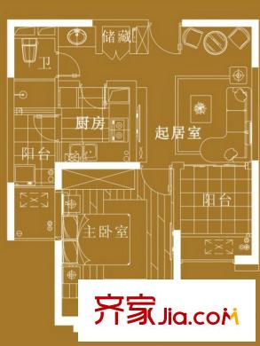 嘉实上城名都南区1幢195、196号A户型 1室2厅1卫1厨