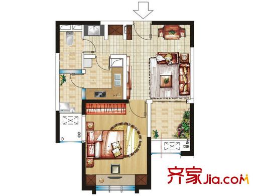 嘉实上城名都南区1幢195、196单元A户型布局设计图 1室2厅1卫1厨