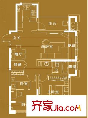 嘉实上城名都南区2幢180、181号单元B1户型图 2室2厅1卫1厨