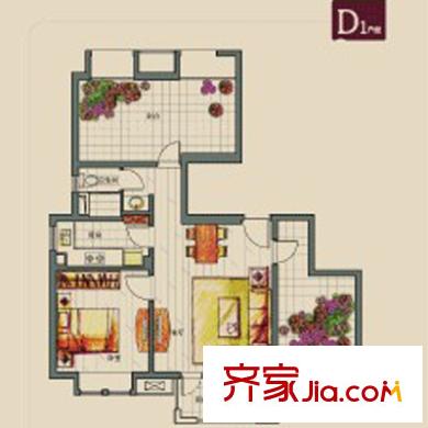 万科琥珀郡园户型图一期D1户型 1室2厅1卫1厨