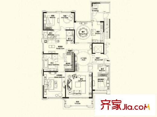 中海紫御豪庭户型图B户型 4室3厅4卫1厨