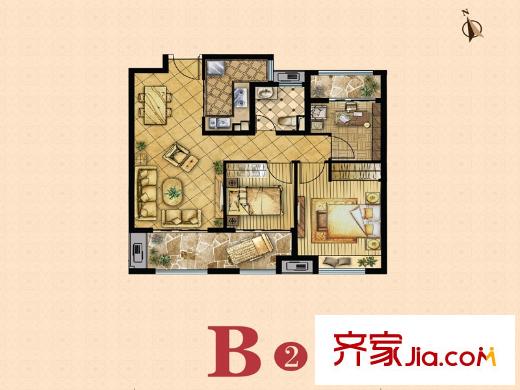 绿地海域笙晖B2户型 3室2厅1卫1厨