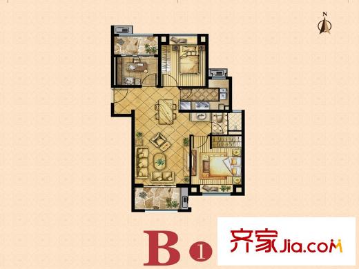 绿地海域笙晖B1户型 3室2厅1卫1厨