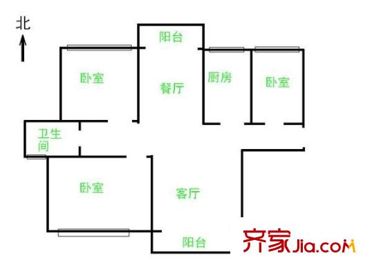 嘉城香槟河畔户型图户型图 3室2厅1卫1厨
