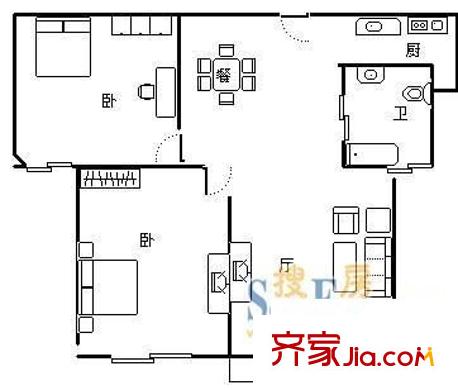 圣天地酒店式公寓 2室 户型图