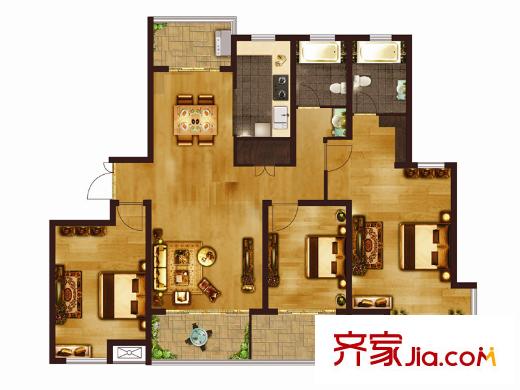 匯智湖畔家園戶型圖D1戶型 3室2廳2衛(wèi)1廚